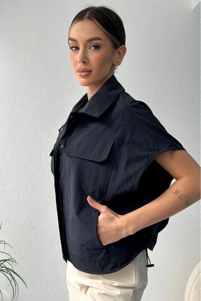 Kadın Oversize Bel Ayarlamalı Çıtçıt Düğmeli Paraşüt Lacivert Yelek - 8