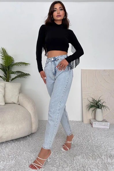 Kadın Yüksek Bel Taşlı Jean Pantolon - 4