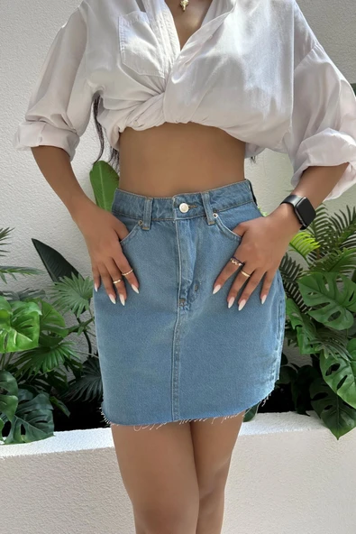 Kadın Dikişsiz Denim Mini Etek - 3
