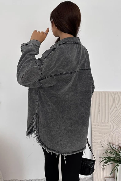 Kadın Oversize Etek Ucu Püsküllü Denim Gömlek - 5