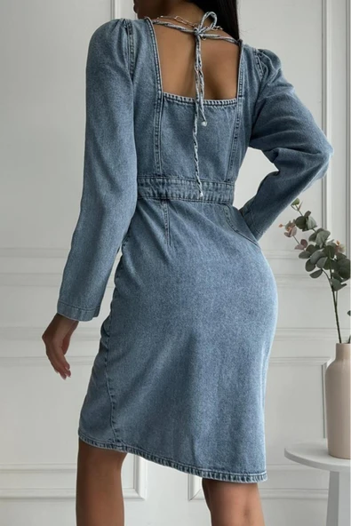 Kadın Yırtmaç Detaylı Uzun Kollu Denim Midi Mavi Elbise - 12