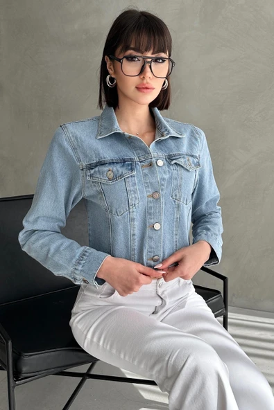 Cepli Düğmeli Uzun Kollu Crop Denim Ceket - 2
