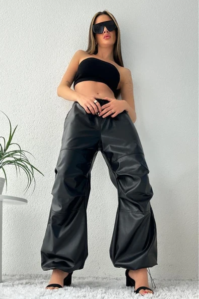 Kadın Bel ve Paça Lastikli Suni Deri Yüksek Bel Jogger Siyah Pantolon - 3