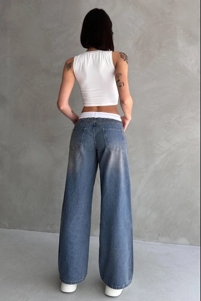 Yüksek Bel Bağcık Bel Detay Jean - 8