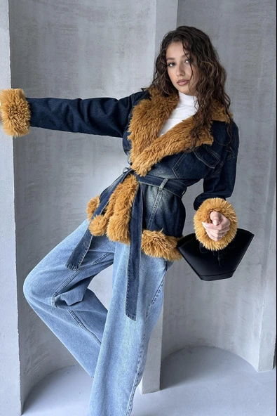 Kemerli Denim Kürk Ceket - 4