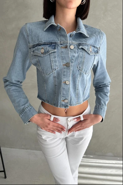Cepli Düğmeli Uzun Kollu Crop Denim Ceket - 3