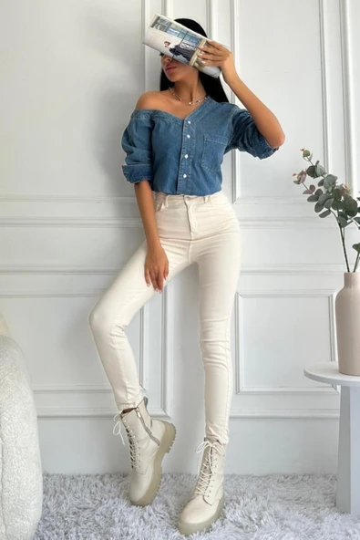 Kadın Regular Tek Omuz Denim Mavi Gömlek - 8