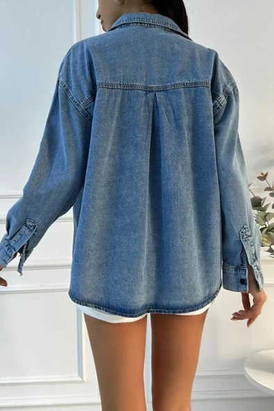 Kadın Oversize Mavi Denim Gömlek - 12