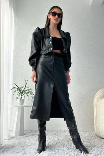 Kadın Balon Kollu Crop Siyah Suni Deri Ceket - 10