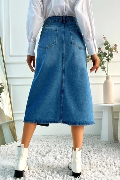 Kadın Midi Boy Pens Detaylı Yırtmaçlı Denim Mavi Etek - 12