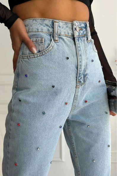 Kadın Yüksek Bel Taşlı Mom Fit Mavi Jean Pantolon - 3