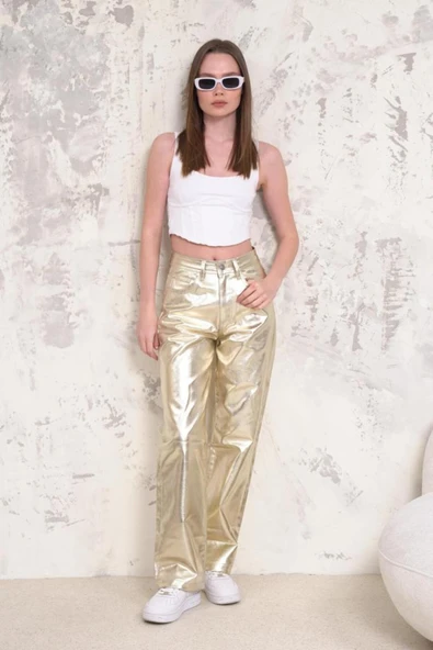 Kadın Geniş Paça Varaklı Yüksek Bel Parlak Kaplama Pantolon