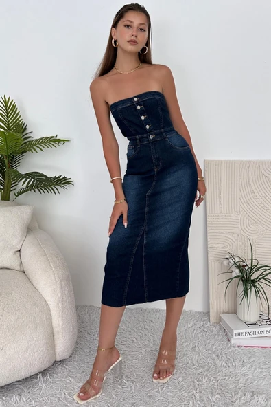 Kadın Likralı Yırtmaç Detaylı Straplez Denim Elbise - 4