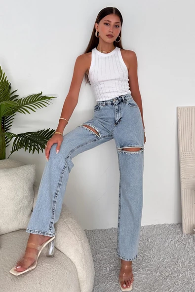 Kadın Yüksek Bel Yırtık Detaylı Taşlı Jean Pantolon - 3