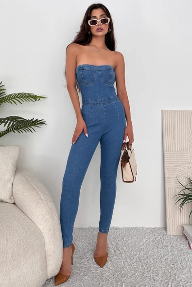 Kadın Likralı Straplez Denim Tulum - 3