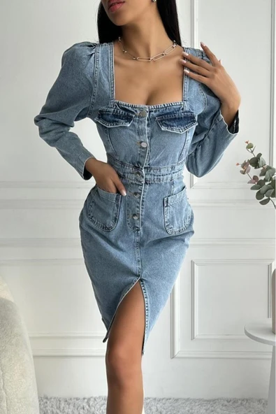 Kadın Yırtmaç Detaylı Uzun Kollu Denim Midi Mavi Elbise - 4