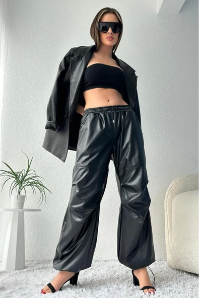 Kadın Bel ve Paça Lastikli Suni Deri Yüksek Bel Jogger Siyah Pantolon - 9