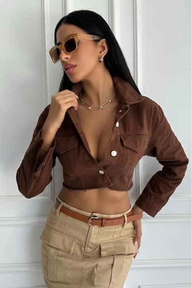 Kadın Etek Ucu Püsküllü Crop Denim Ceket - 3