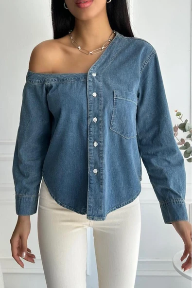 Kadın Regular Tek Omuz Denim Mavi Gömlek - 4
