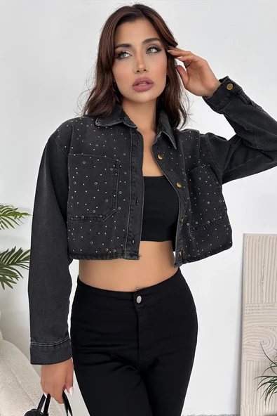 Kadın Crop Taşlı Ceket - 2