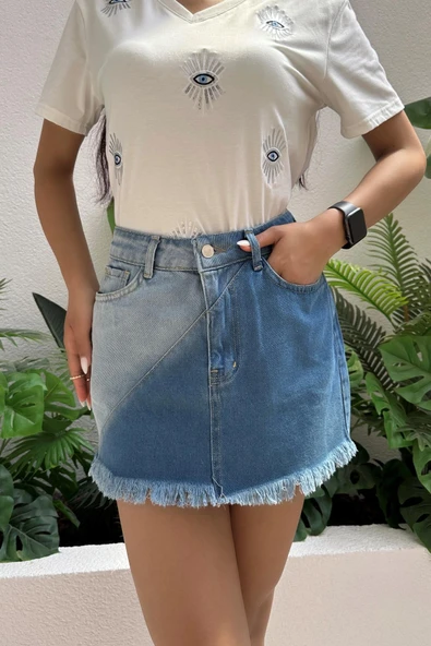 Kadın Etek Ucu Püsküllü Çift Renk Denim Mini Etek - 3