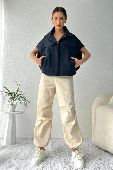 Kadın Oversize Bel Ayarlamalı Çıtçıt Düğmeli Paraşüt Lacivert Yelek - 4