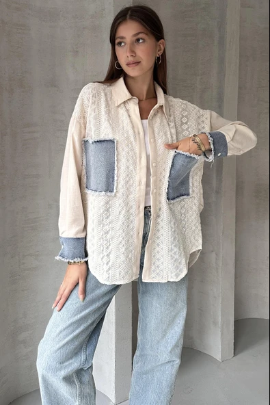 Denim Detaylı Garnili Gömlek - 5