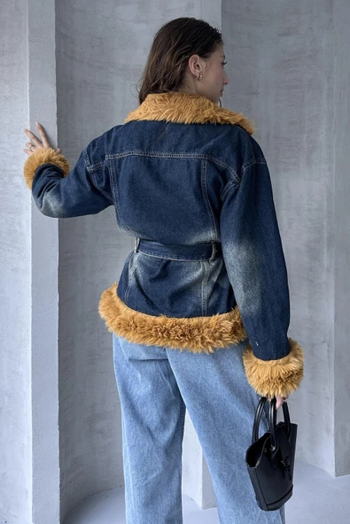 Kemerli Denim Kürk Ceket - 2