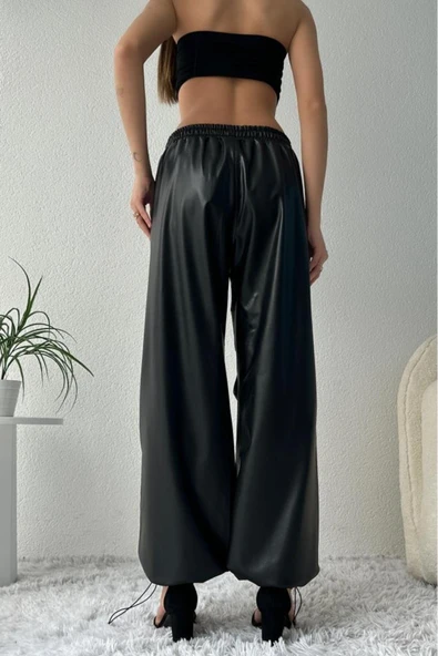 Kadın Bel ve Paça Lastikli Suni Deri Yüksek Bel Jogger Siyah Pantolon - 2