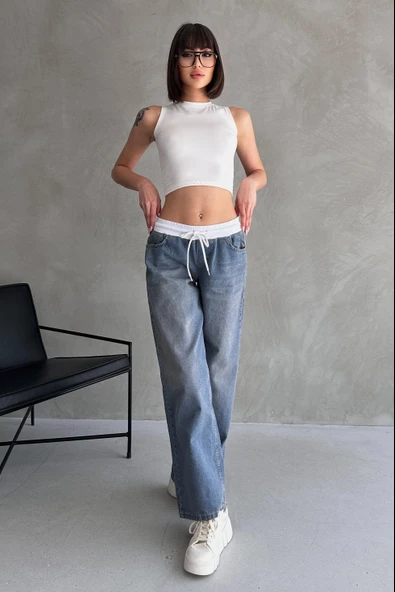 Yüksek Bel Bağcık Bel Detay Jean - 11