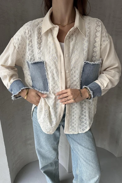 Denim Detaylı Garnili Gömlek - 1