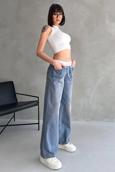 Yüksek Bel Bağcık Bel Detay Jean - 4