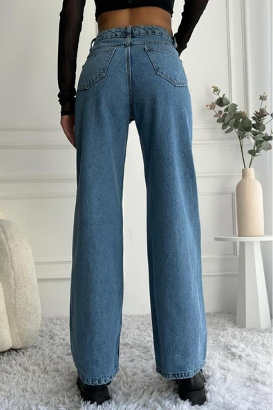 Kadın Yüksek Bel Wide Leg Mavi Jean Pantolon - 12
