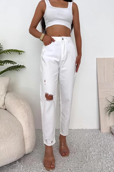Kadın Yüksek Bel Yırtık Detaylı Mom Fit Jean Pantolon - 2