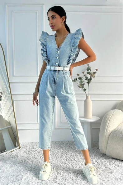 Kadın Fırfır Detaylı Kolsuz Mom Kalıp Denim Tulum - 8