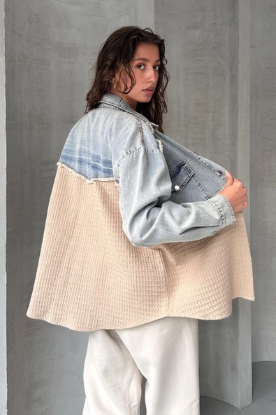 Yarı Eskitme Denim Detaylı Gömlek - 9