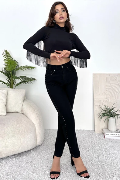 Kadın Yüksek Bel Dar Paça Taşlı Jean Pantolon - 2