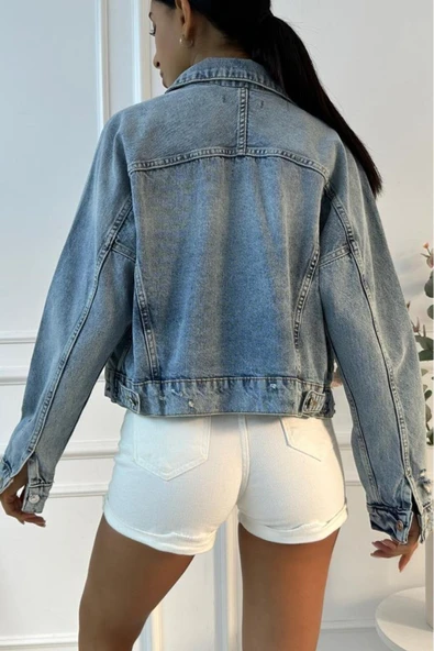 Kadın Yıpratmalı Vintage Mavi Denim Ceket - 12