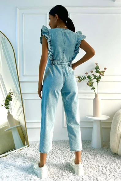 Kadın Fırfır Detaylı Kolsuz Mom Kalıp Denim Tulum - 12