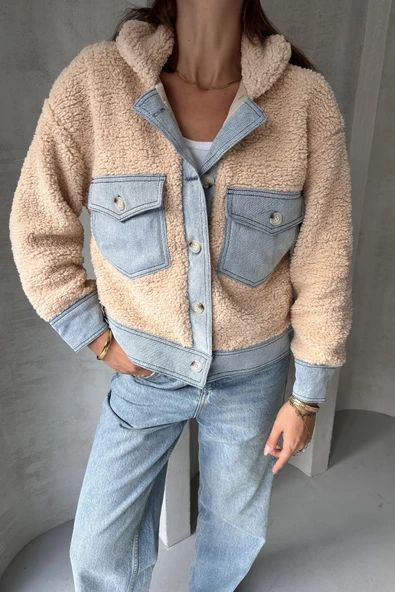 Suni Yünlü Denim Detaylı Ceket - 5