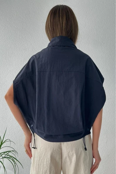 Kadın Oversize Bel Ayarlamalı Çıtçıt Düğmeli Paraşüt Lacivert Yelek - 7