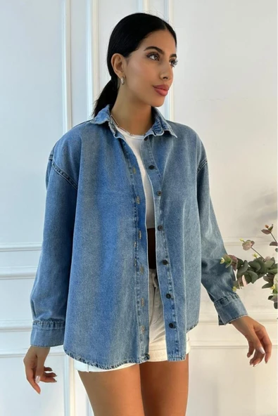 Kadın Oversize Mavi Denim Gömlek - 10