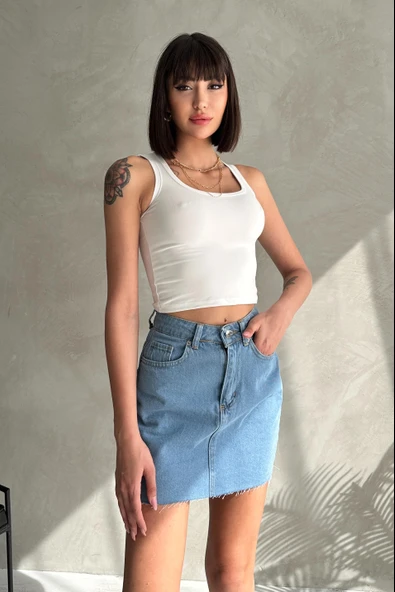 Dikişsiz Cepli Kısa Denim Etek - 2