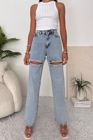 Kadın Yüksek Bel Yırtık Detaylı Taşlı Jean Pantolon - 4