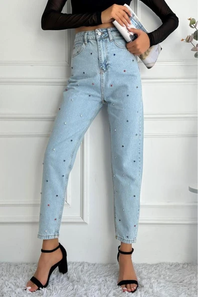 Kadın Yüksek Bel Taşlı Mom Fit Mavi Jean Pantolon - 9