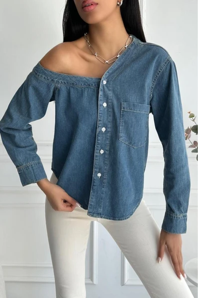Kadın Regular Tek Omuz Denim Mavi Gömlek - 5