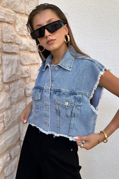 Kadın Püsküllü Denim Yelek - 2