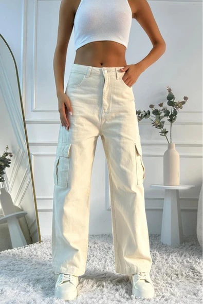 Kadın Yüksek Bel Wide Leg Bej Kargo Jean Pantolon - 10
