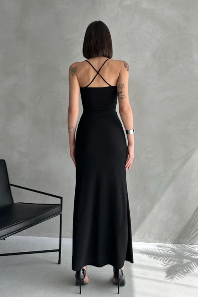 Çiçek Detaylı Siyah Yazlık Uzun Elbise - 4