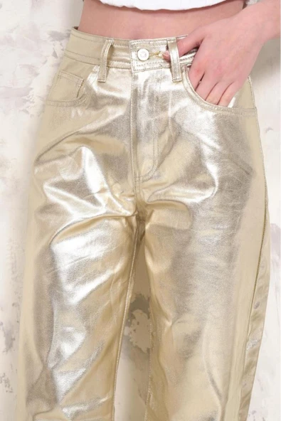 Kadın Geniş Paça Varaklı Yüksek Bel Parlak Kaplama Pantolon - 11